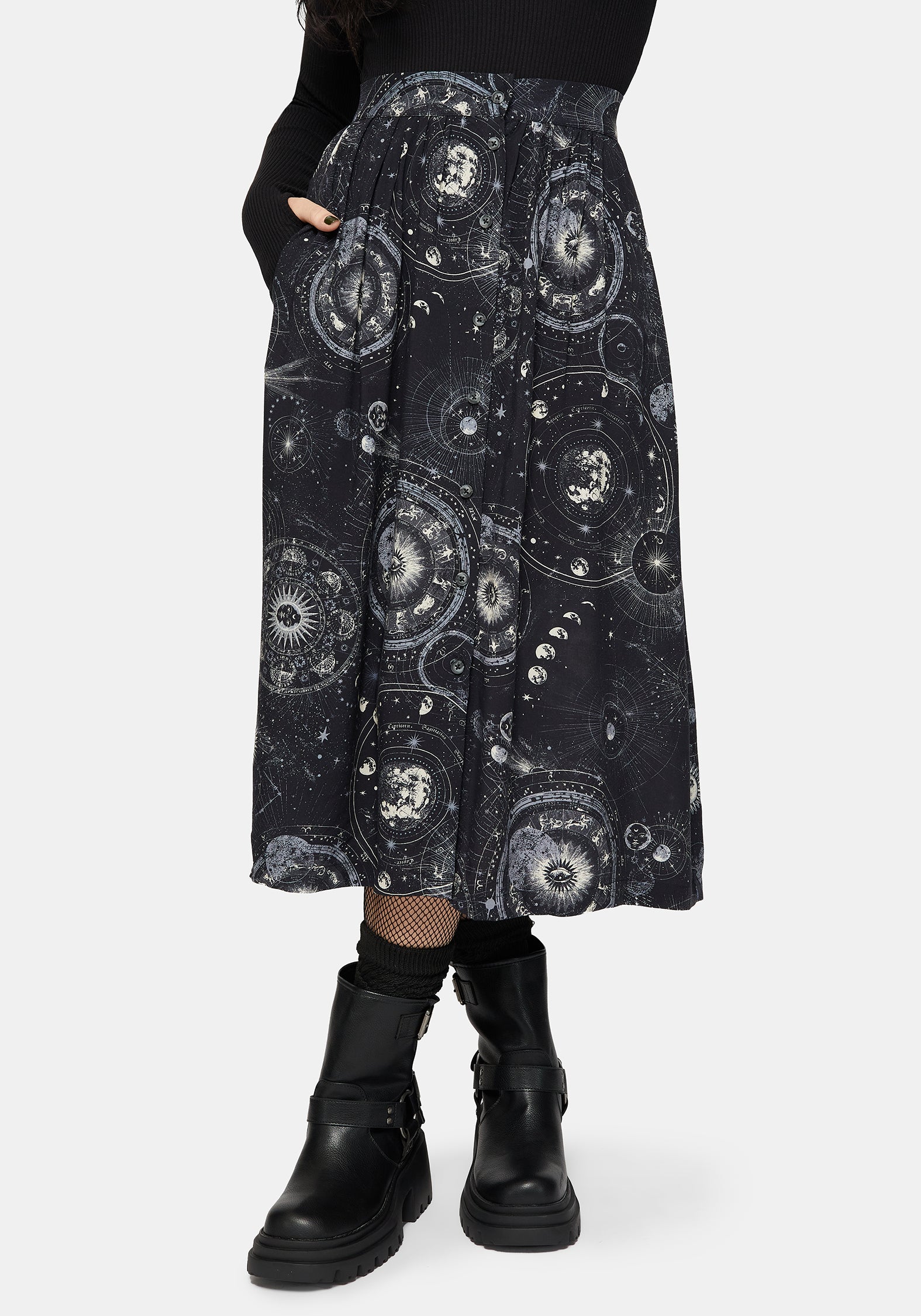 Elise Celestial Druck Knopf Runter Midi Rock