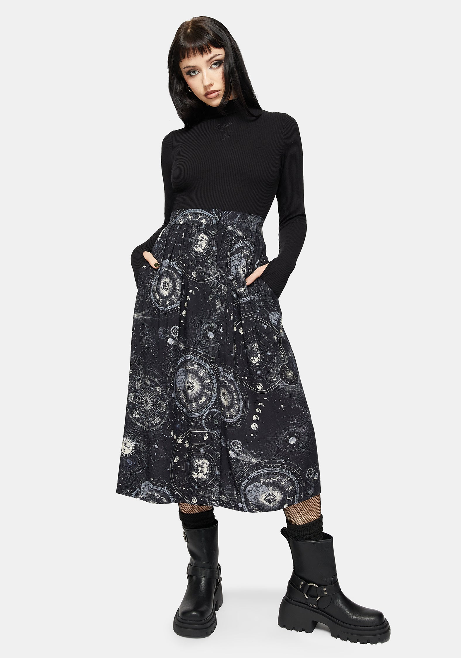 Elise Celestial Druck Knopf Runter Midi Rock