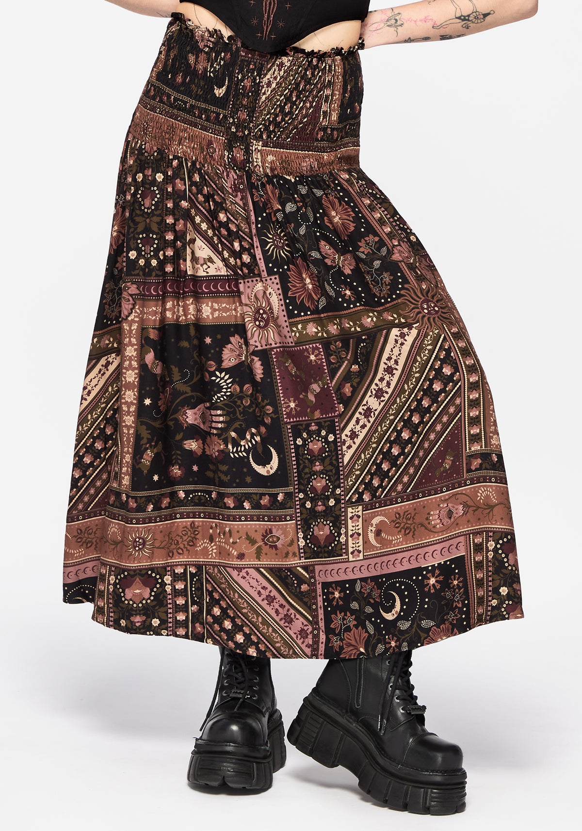 Nola Folk Patchwork Print Shirred Midi Skirt