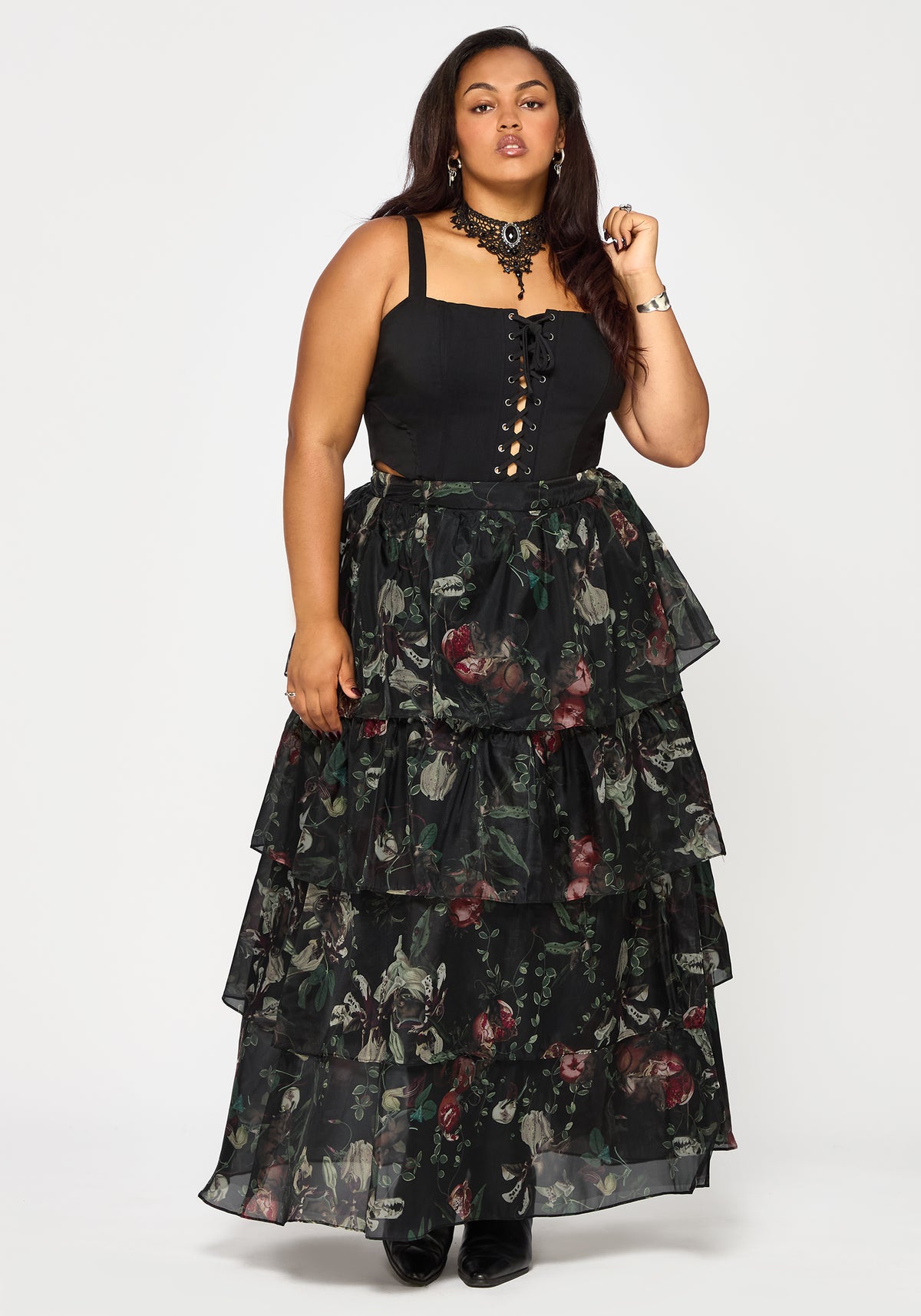 Anara Fruit Print Tiered Skirt