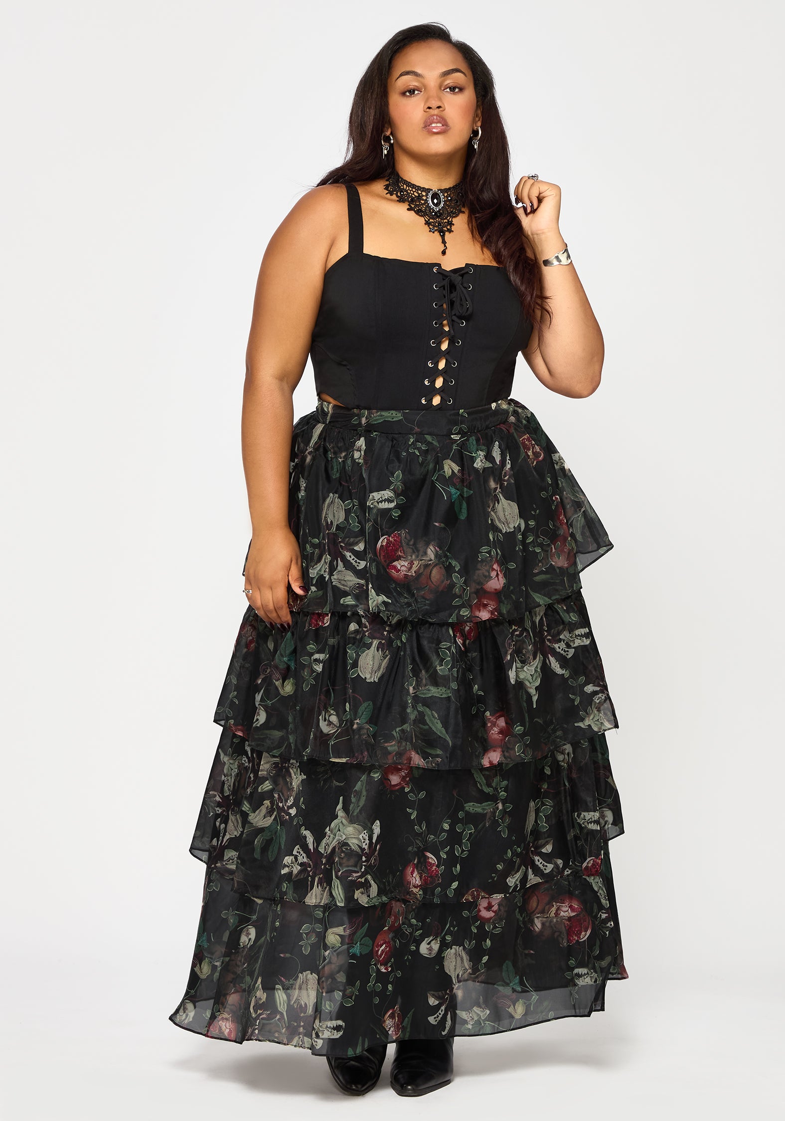 Anara Fruit Print Tiered Skirt