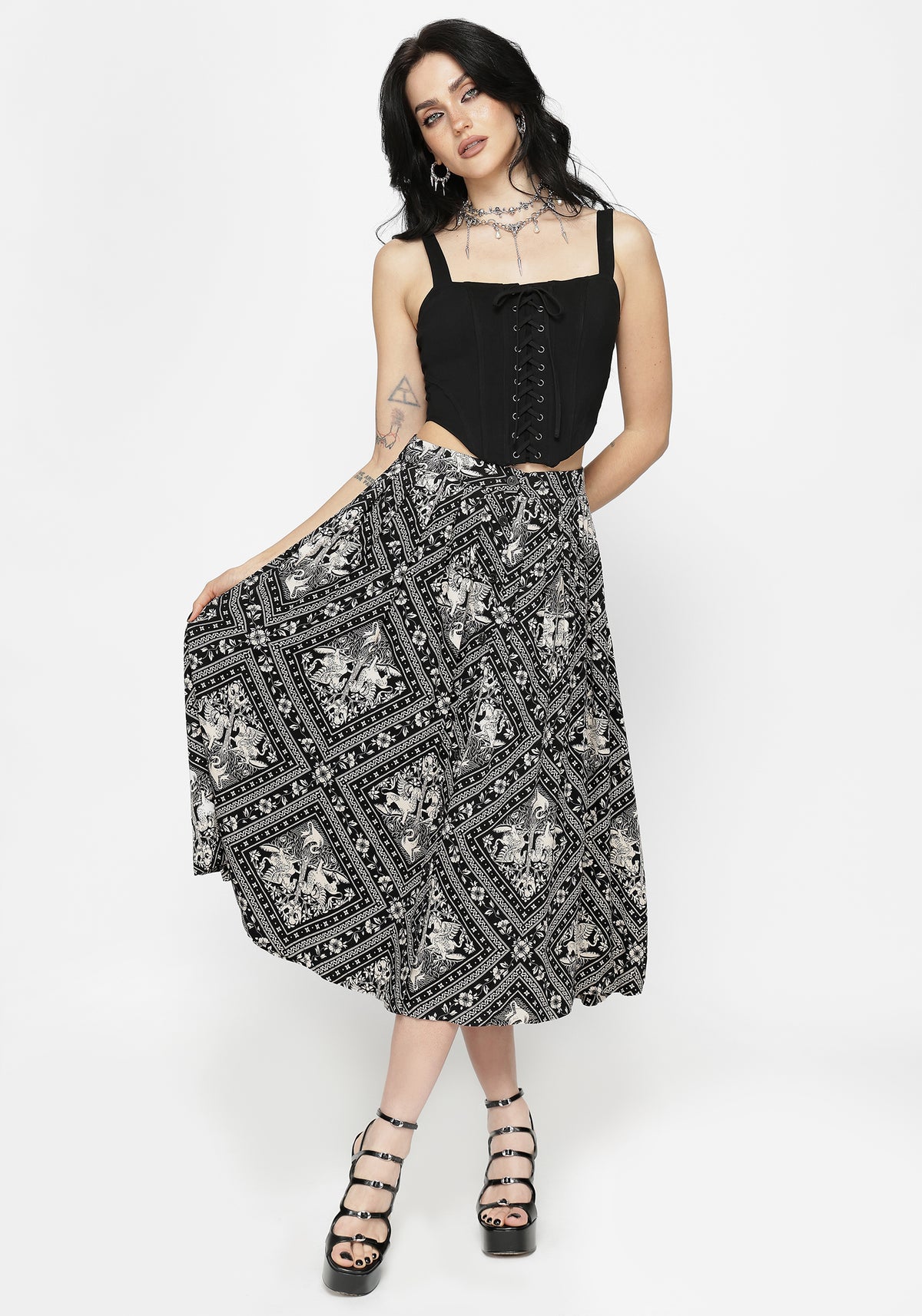 Hexweave Druck Knopf Runter Plissiert Midi Rock