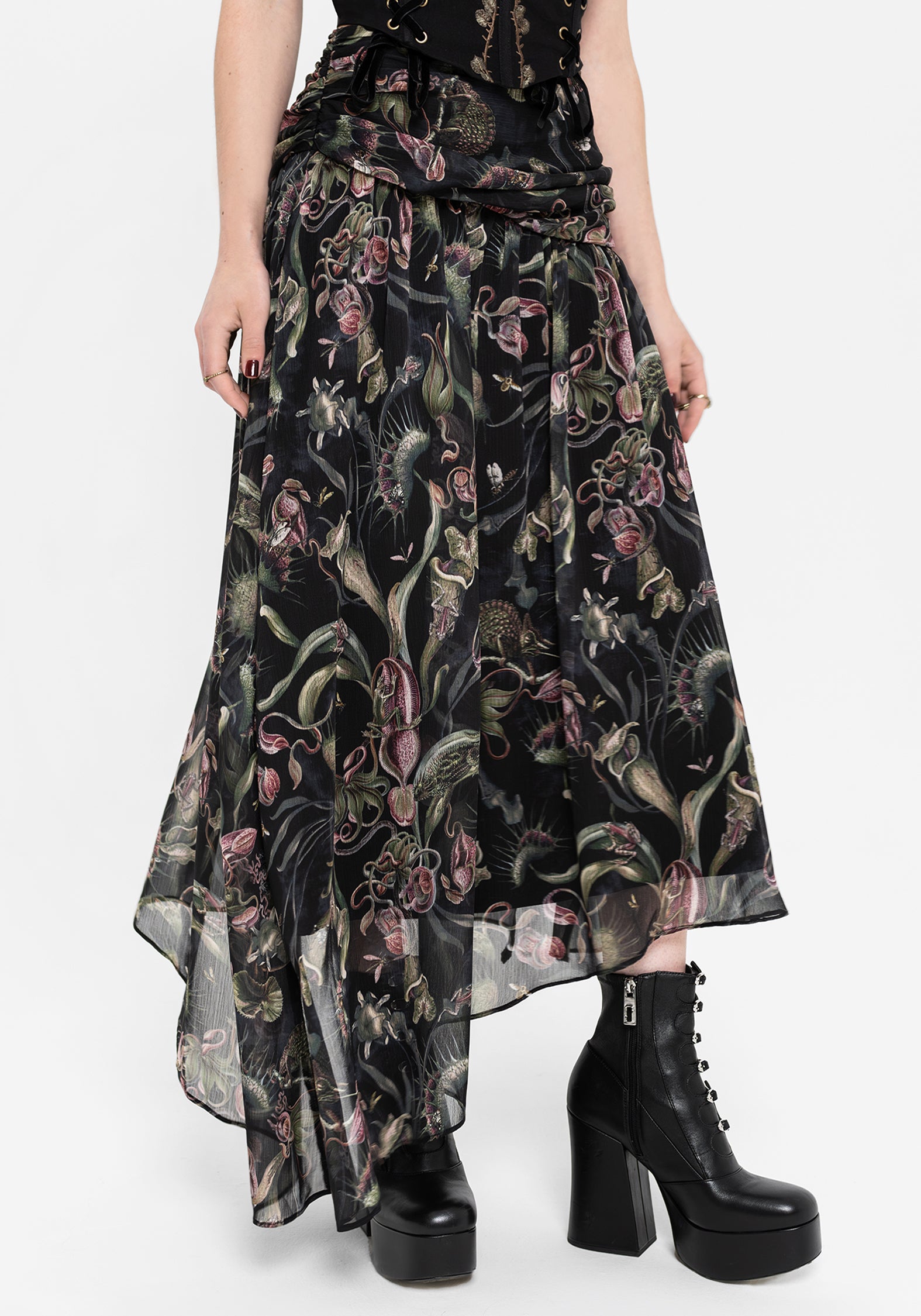 Dionaea Flytrap Print Asymmetric Midaxi Skirt