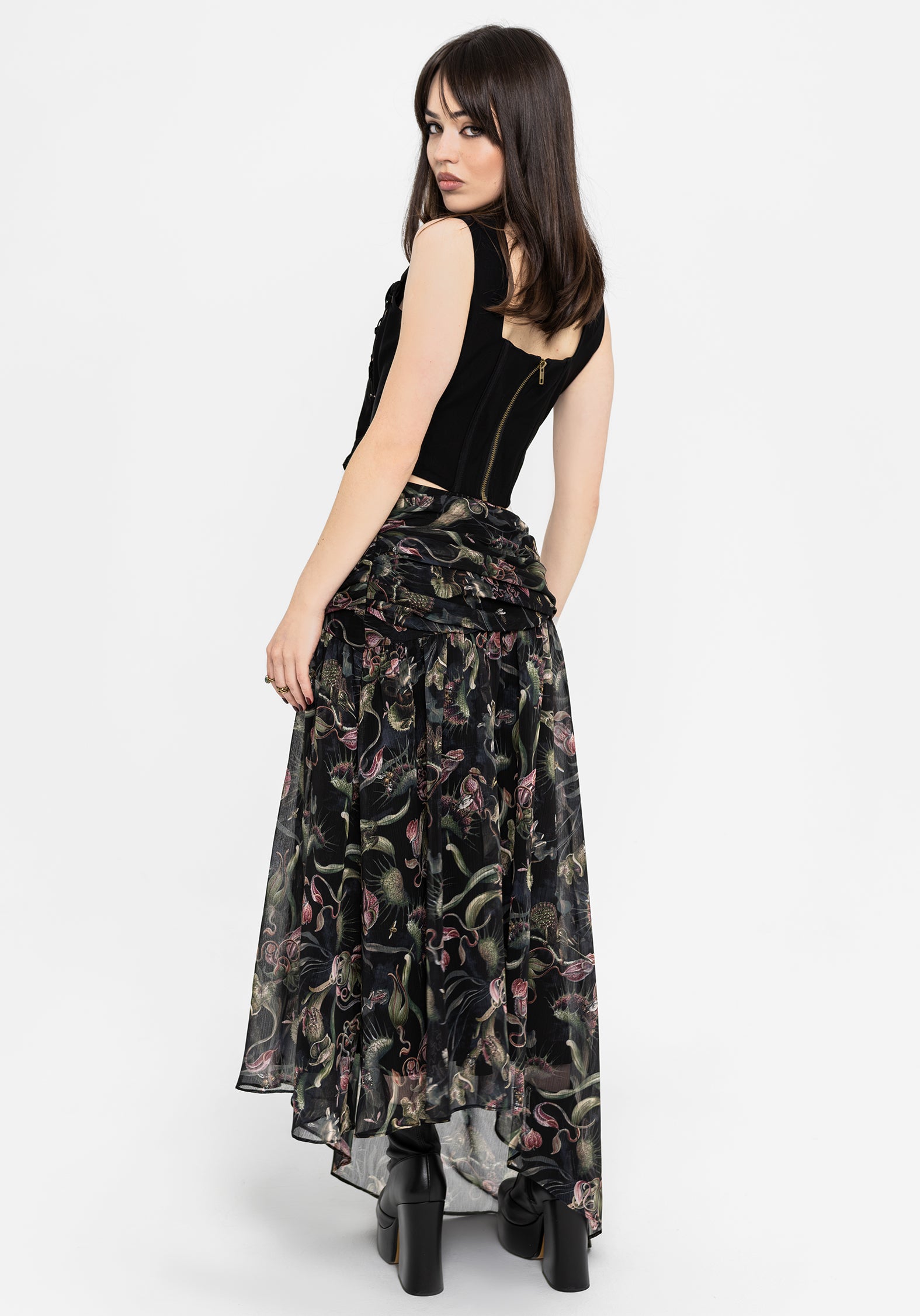 Dionaea Flytrap Print Asymmetric Midaxi Skirt