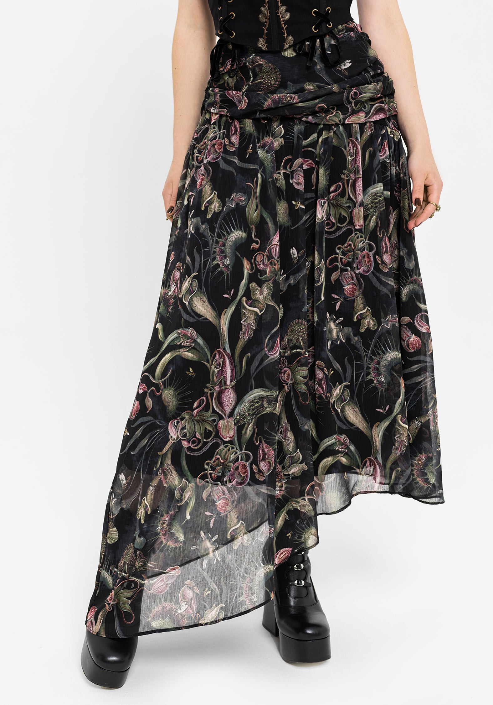 Dionaea Flytrap Print Asymmetric Midaxi Skirt