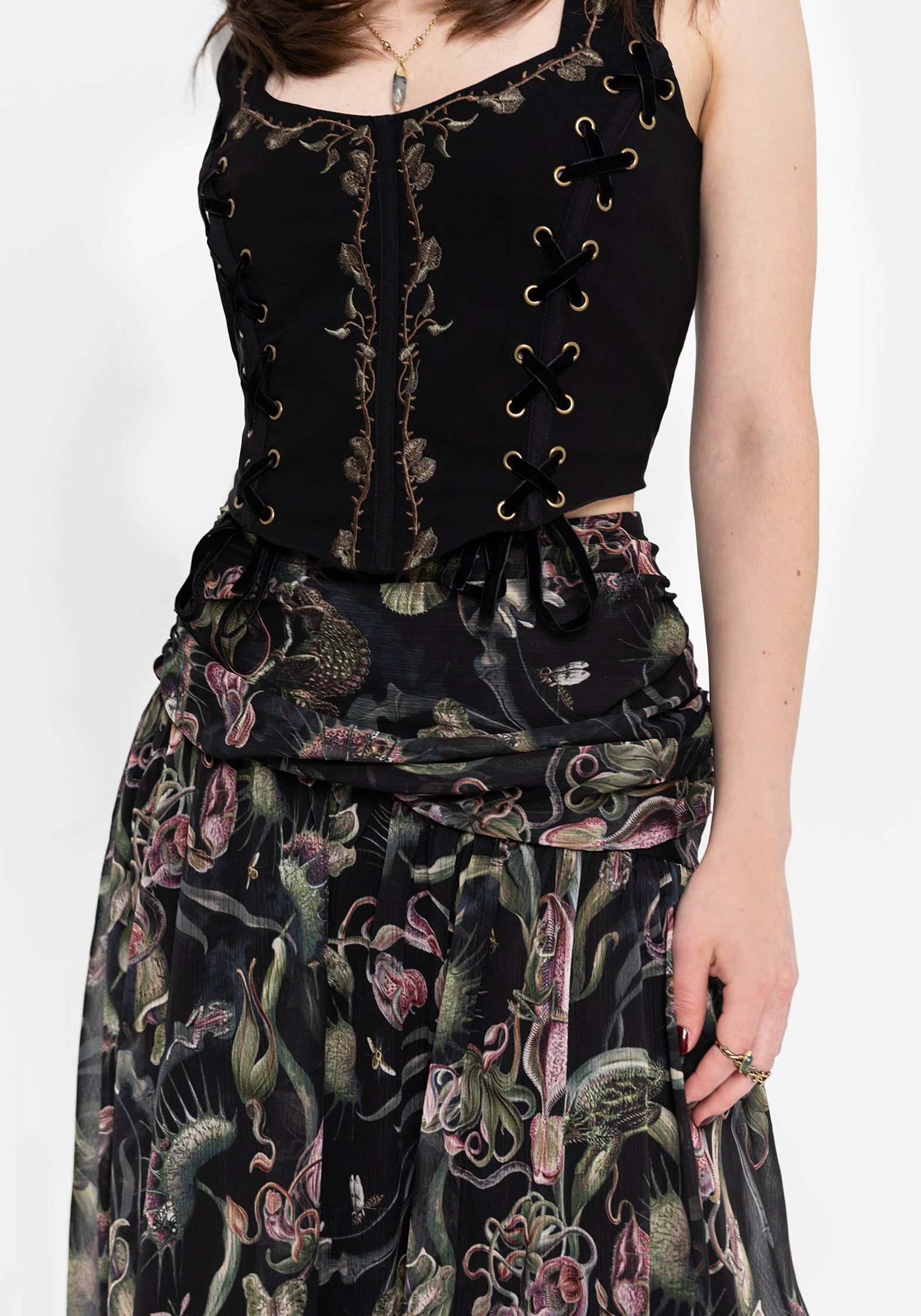 Dionaea Flytrap Print Asymmetric Midaxi Skirt