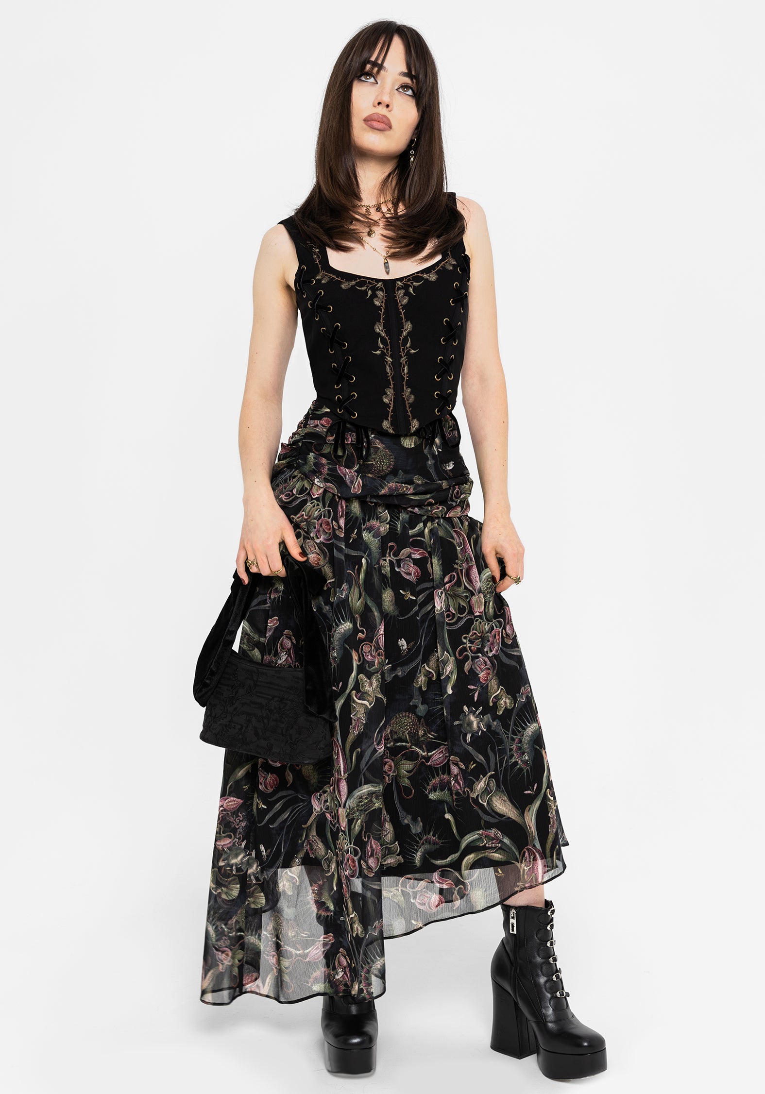 Dionaea Flytrap Print Asymmetric Midaxi Skirt