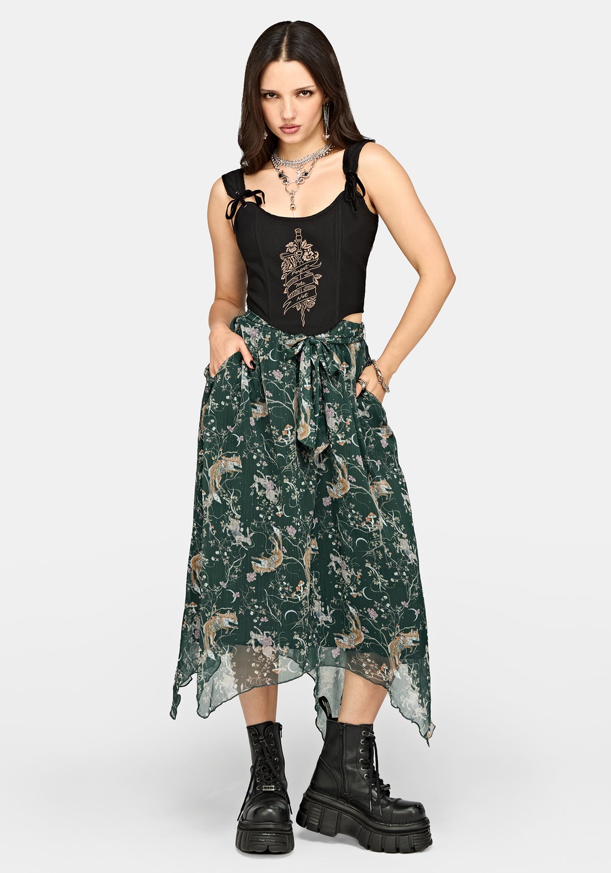 Renard Print Chiffon Hanky Saum Midirock