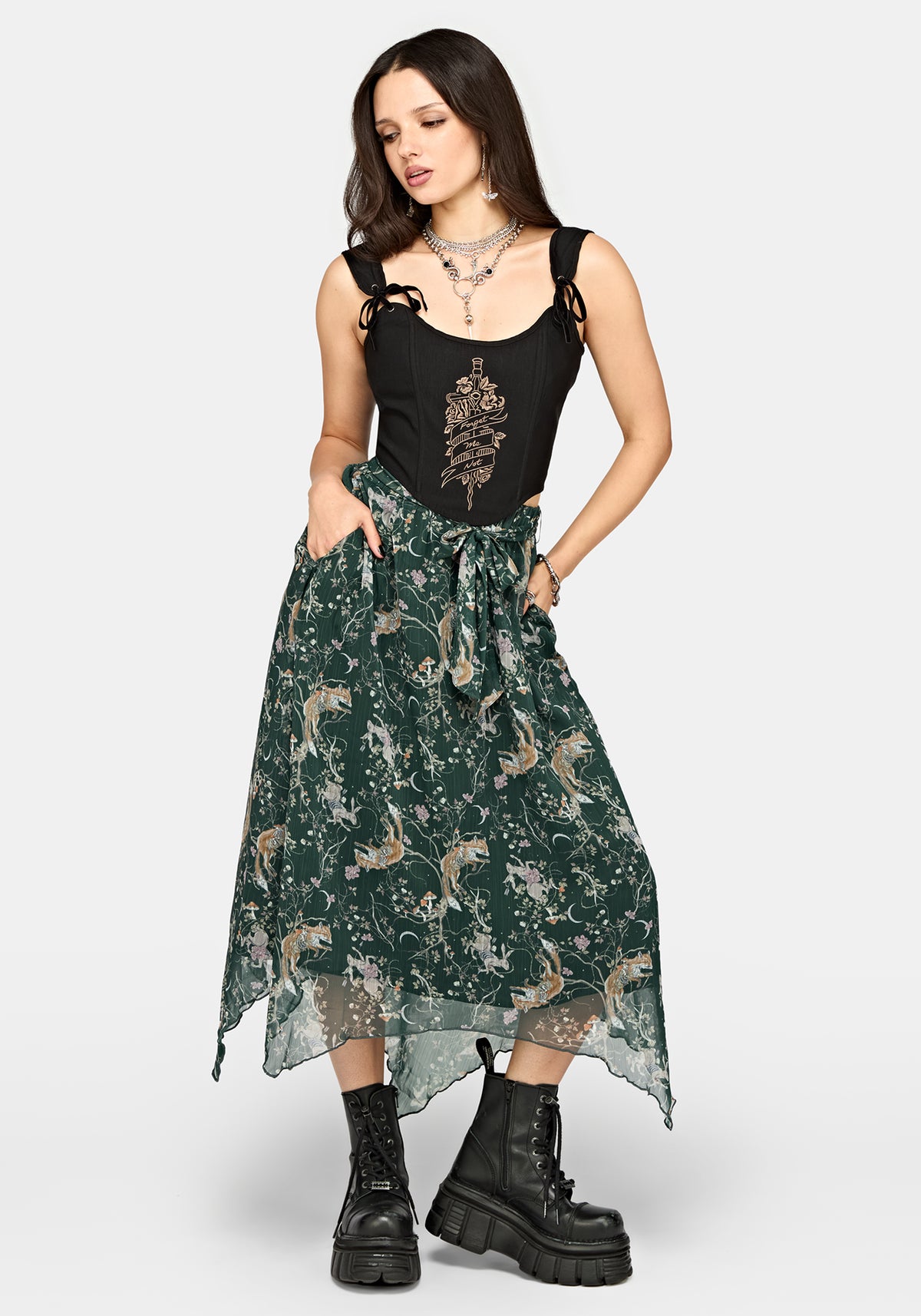 Renard Print Chiffon Hanky Saum Midirock