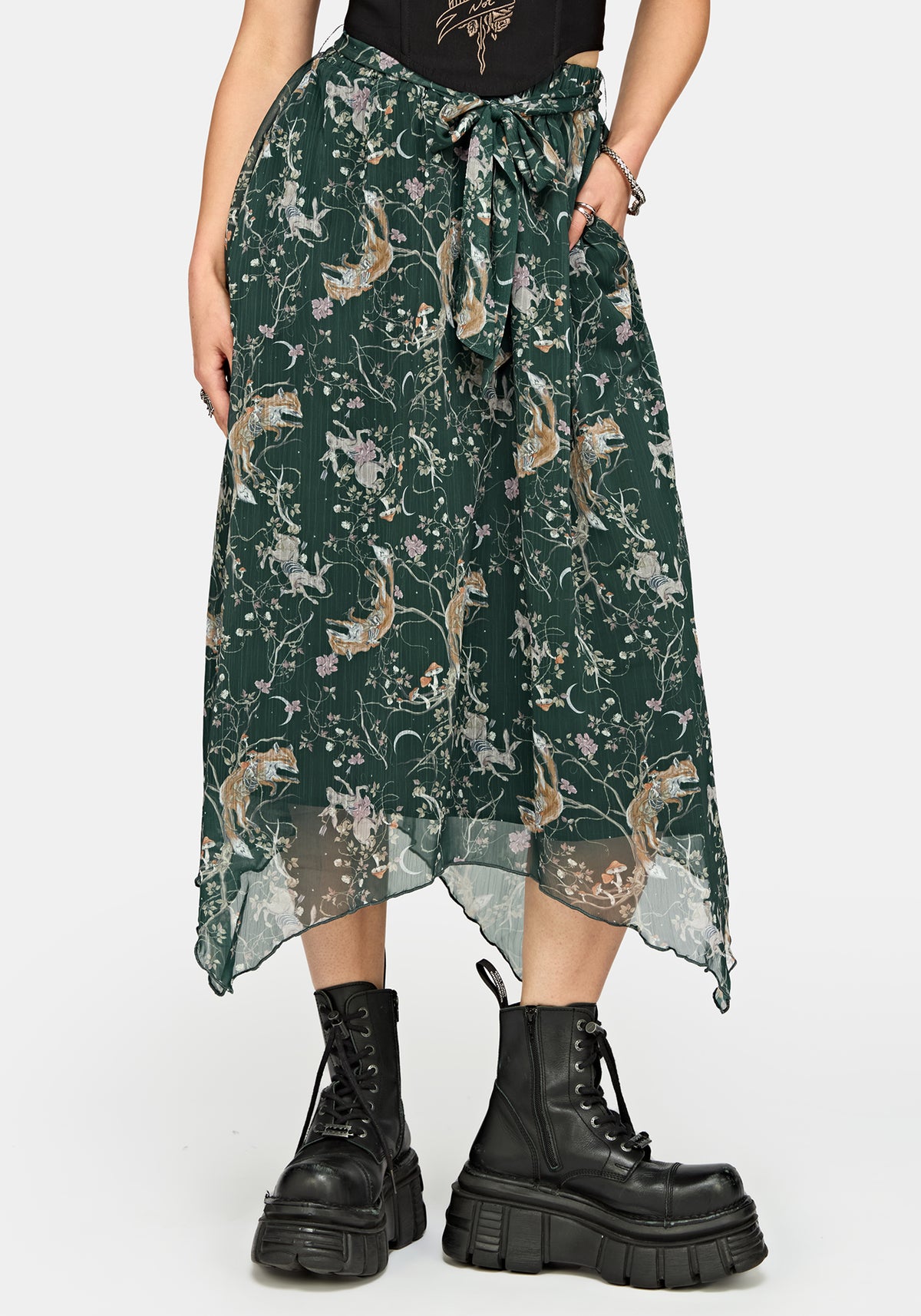 Renard Print Chiffon Hanky Hem Midi Skirt