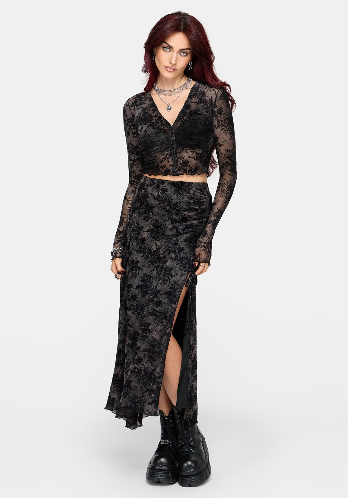 Zuri Lace Beflockt Gerafft Midaxi Rock
