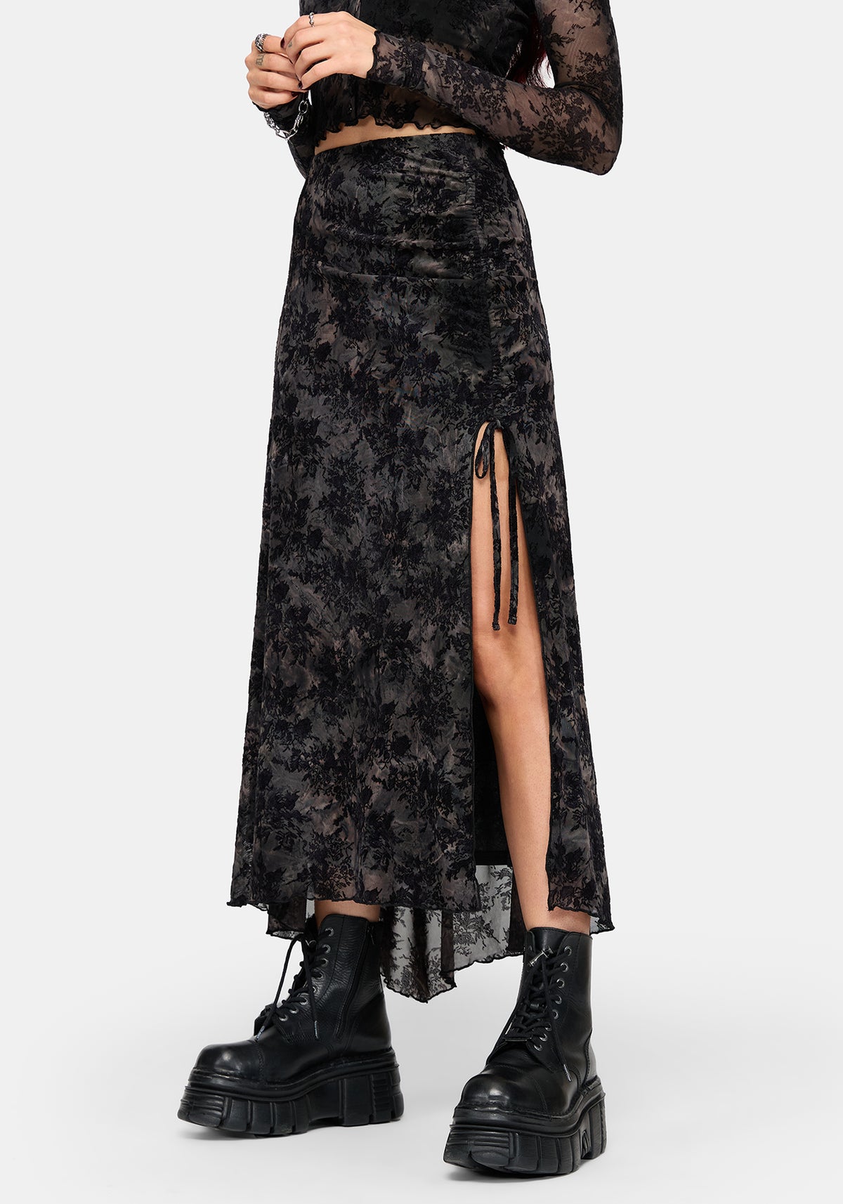Zuri Lace Beflockt Gerafft Midaxi Rock