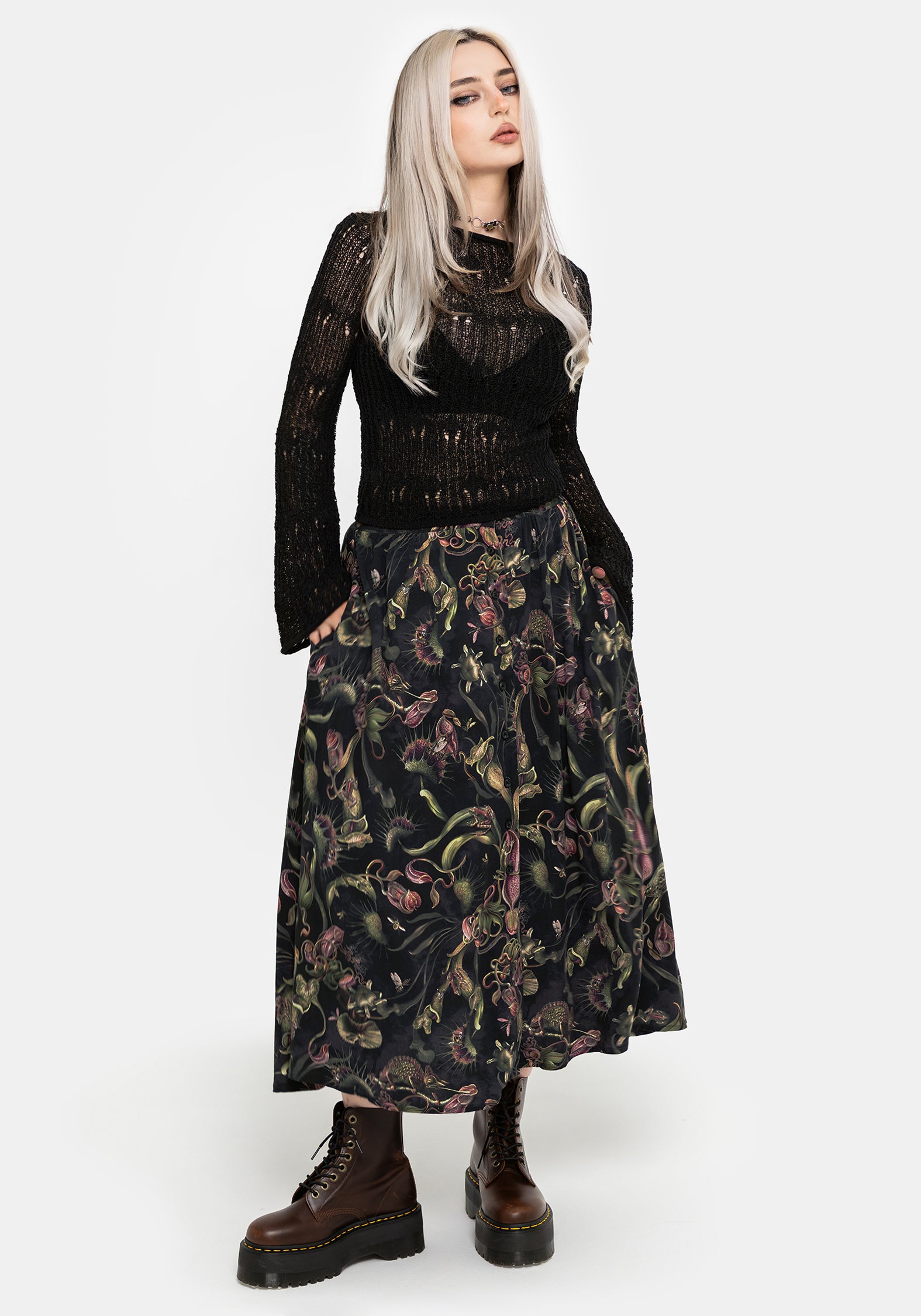 Dionaea Flytrap Print Viscose Midi Skirt