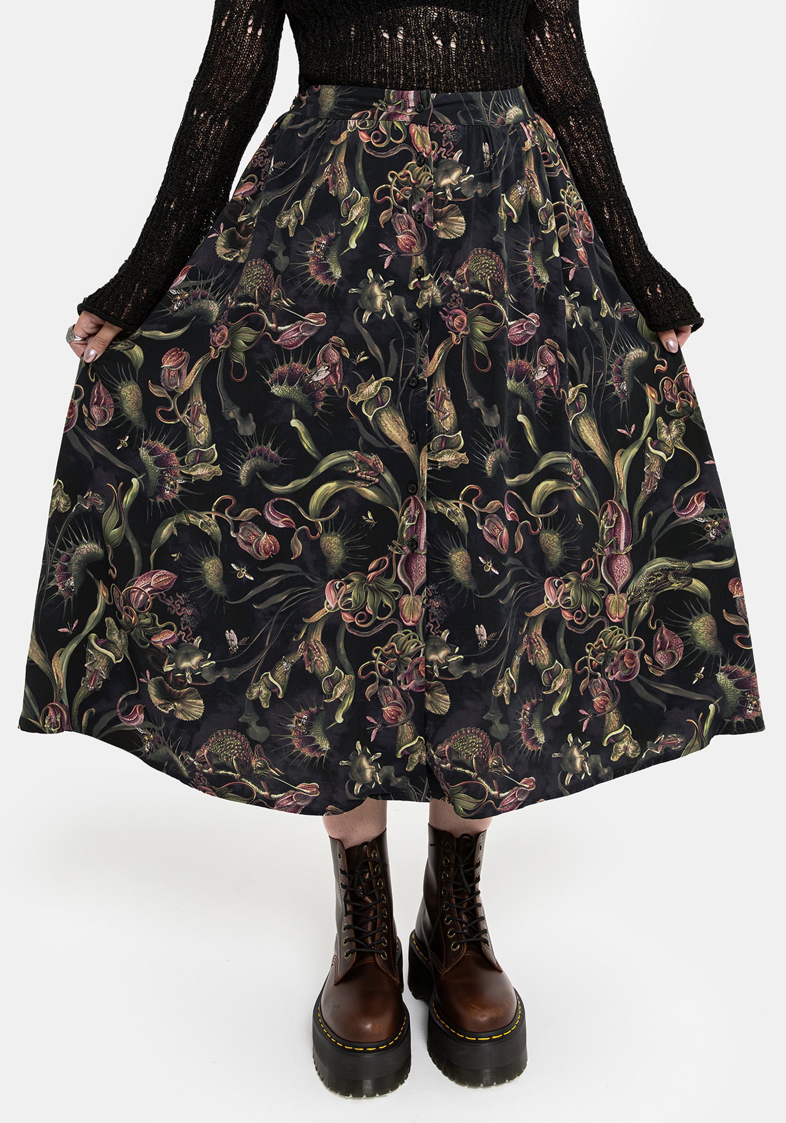 Dionaea Flytrap Print Viscose Midi Skirt