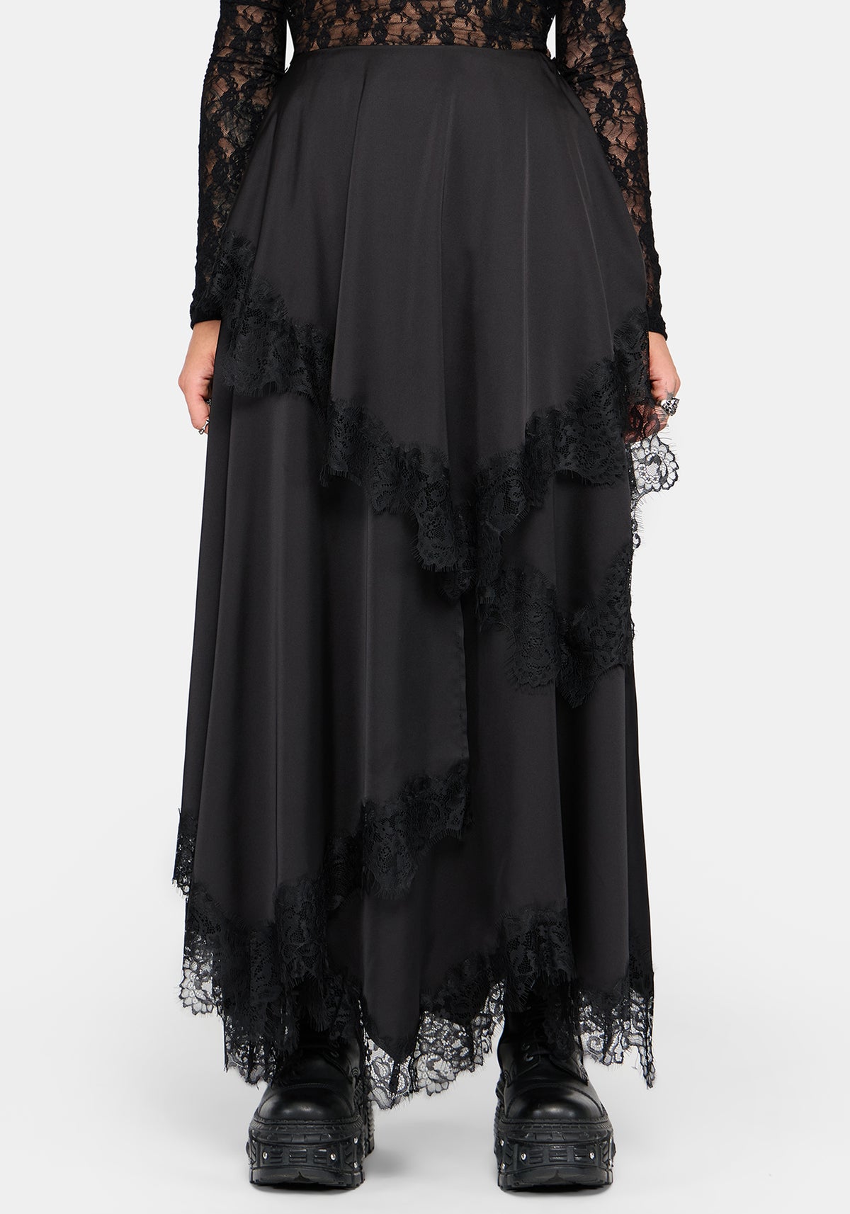 Dhalia Satin and Lace Tattered Maxi Skirt