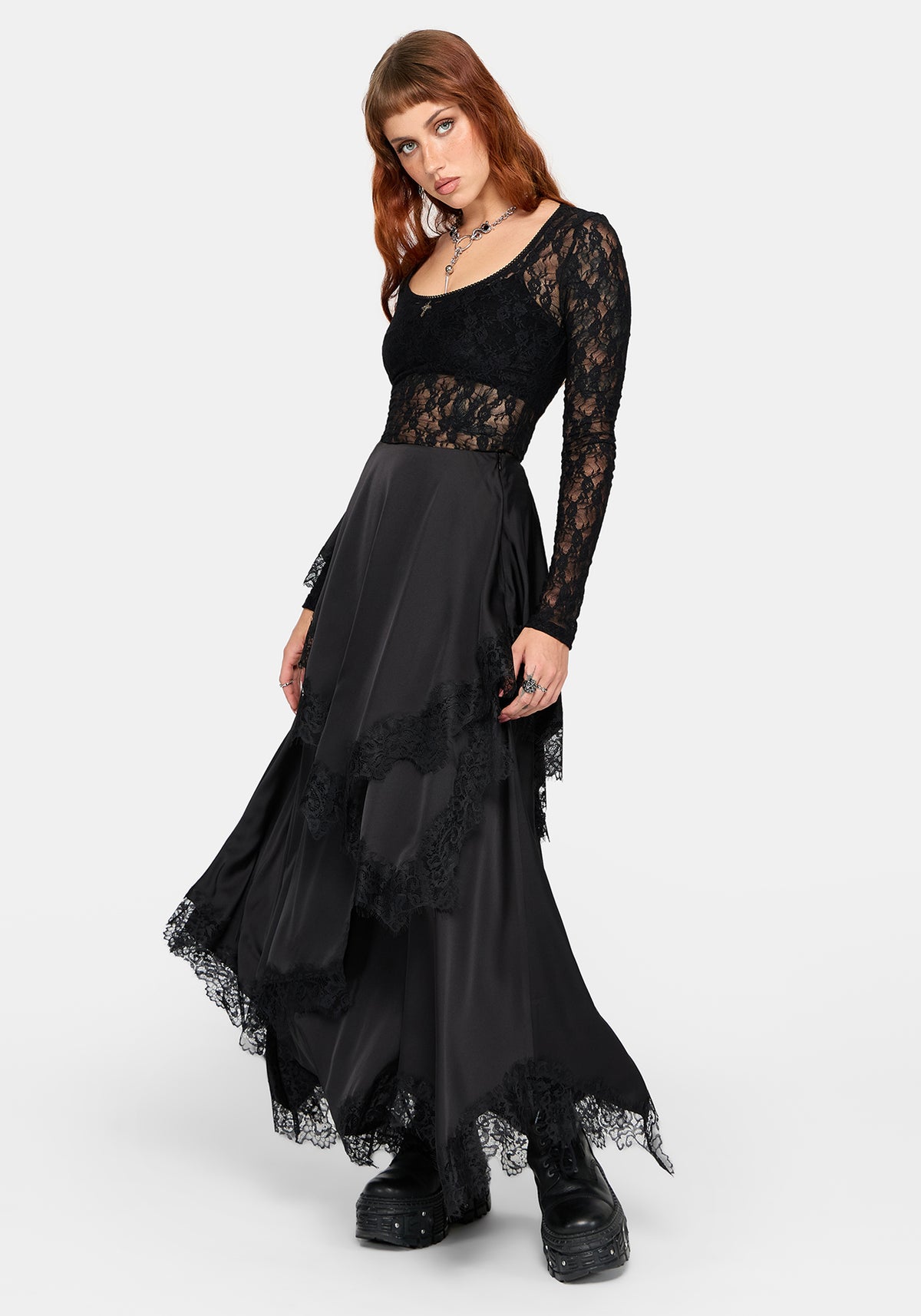 Dhalia Satin and Lace Tattered Maxirock