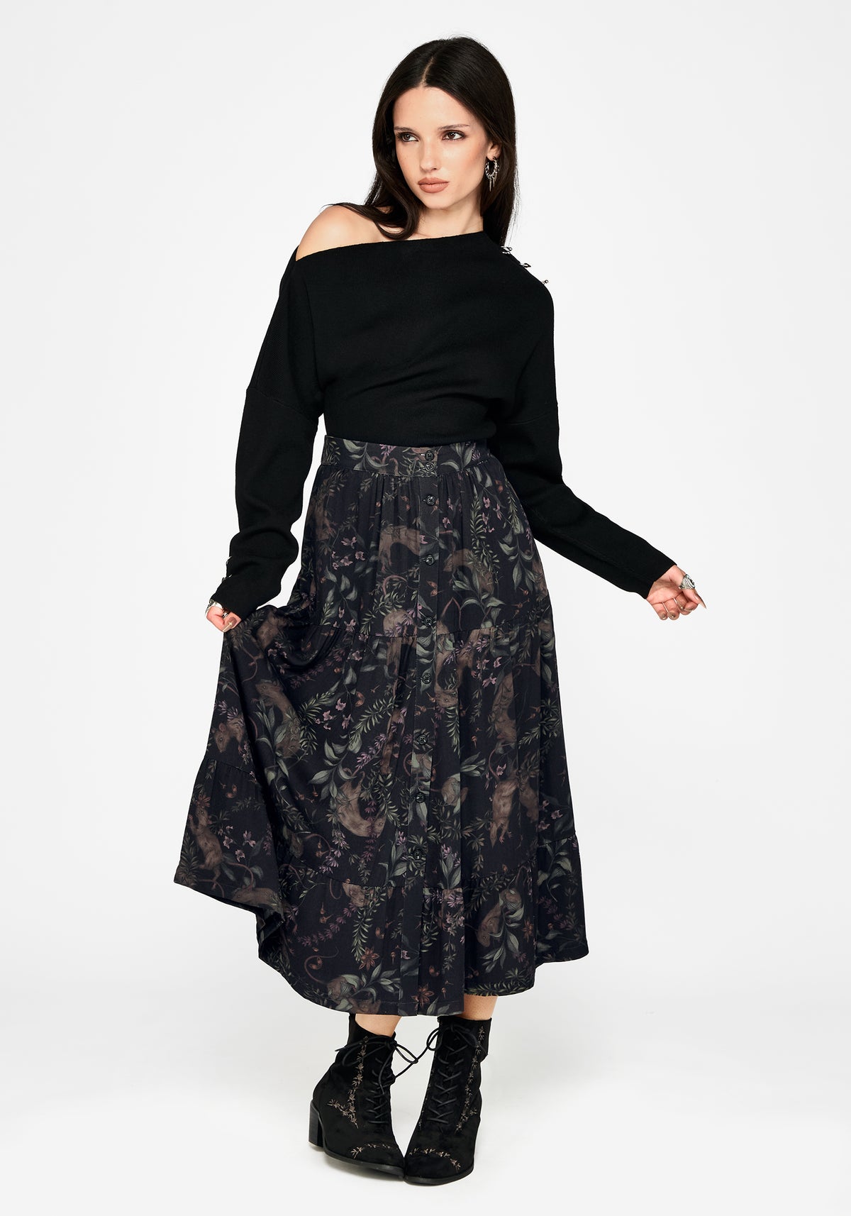 Curio Print Knopf Down Midirock