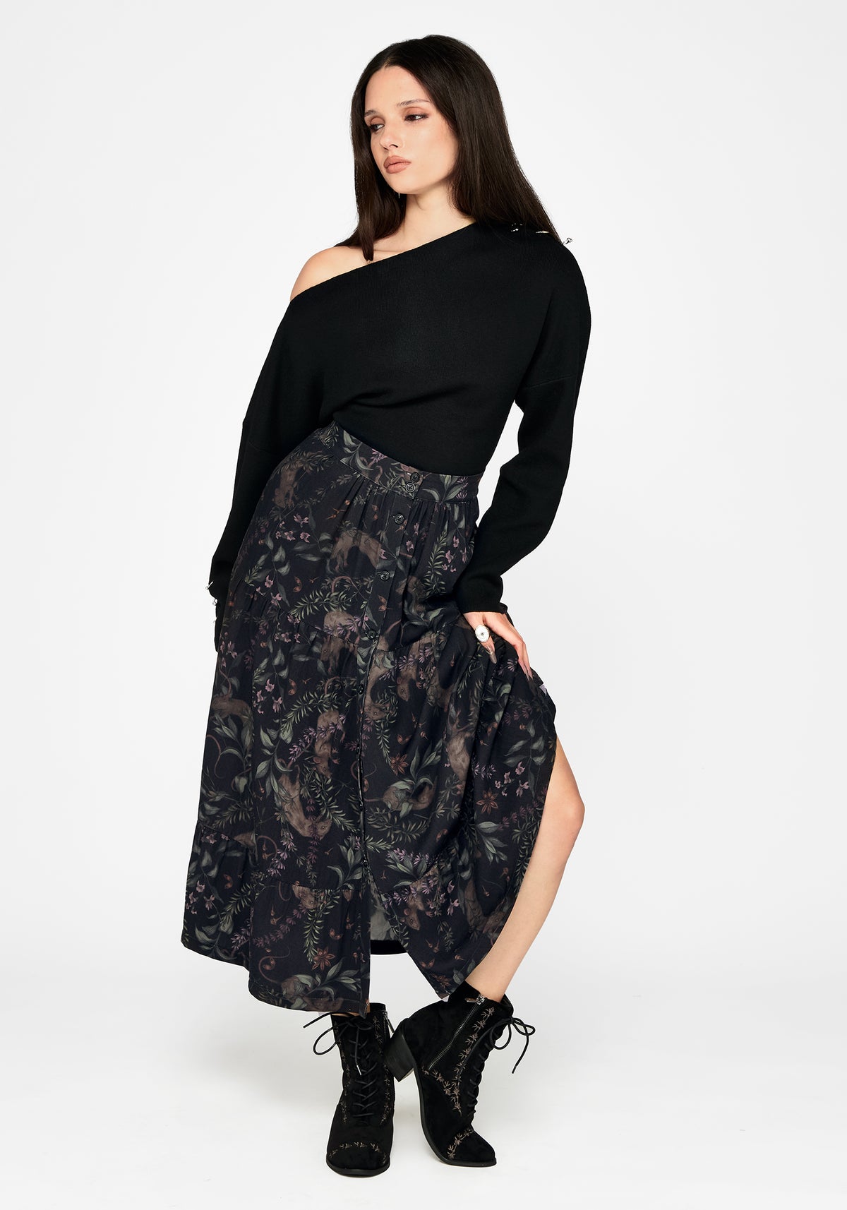 Curio Print Knopf Down Midirock