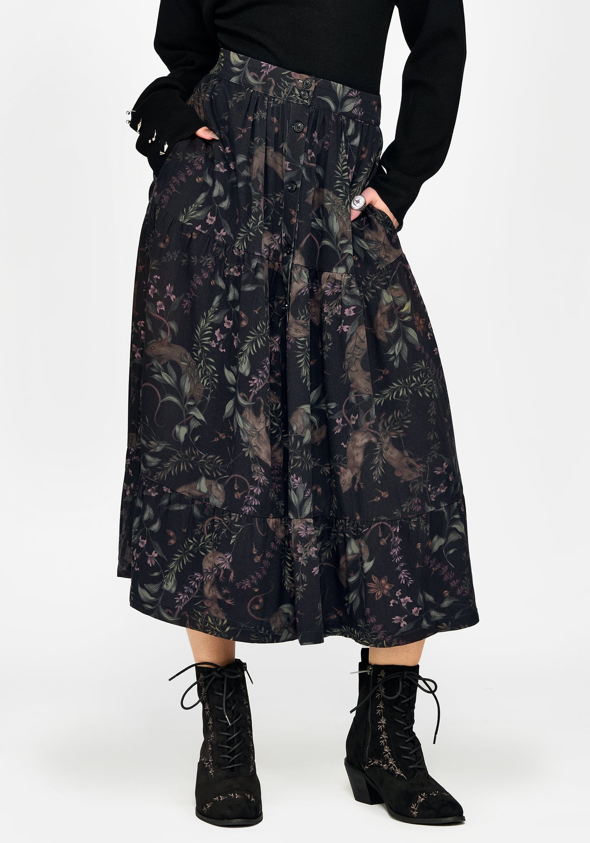 Curio Print Knopf Down Midirock