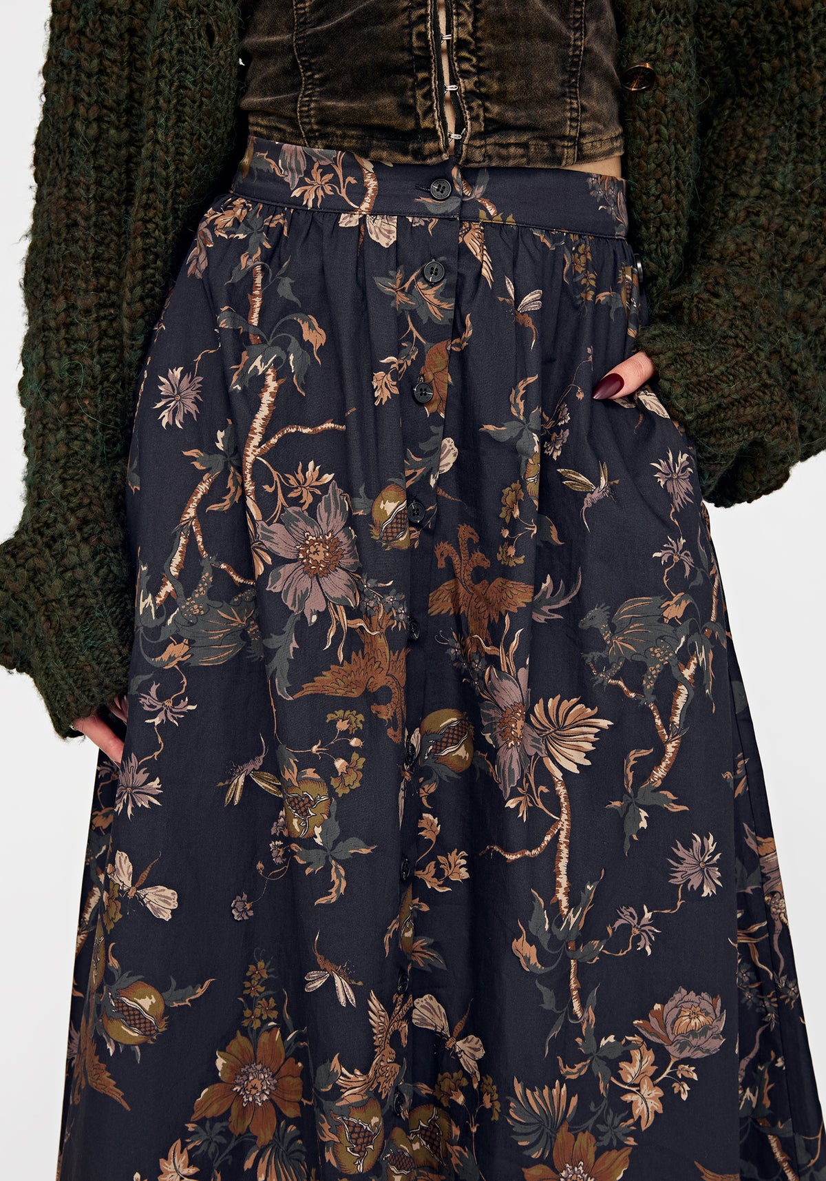 Poison Eden Printed Button Down Skirt - Midnight