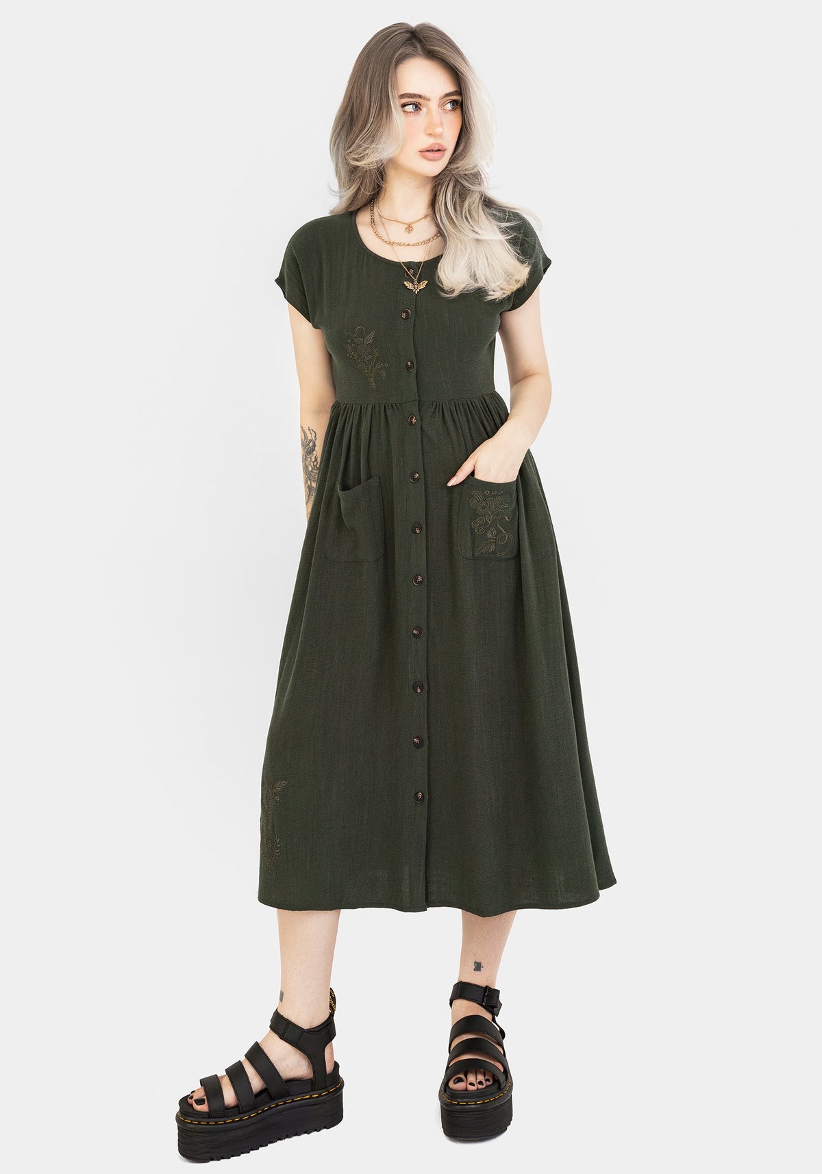 Foliate Leinenmischung Bestickt Knopf Hoch Midi Kleid - Grün