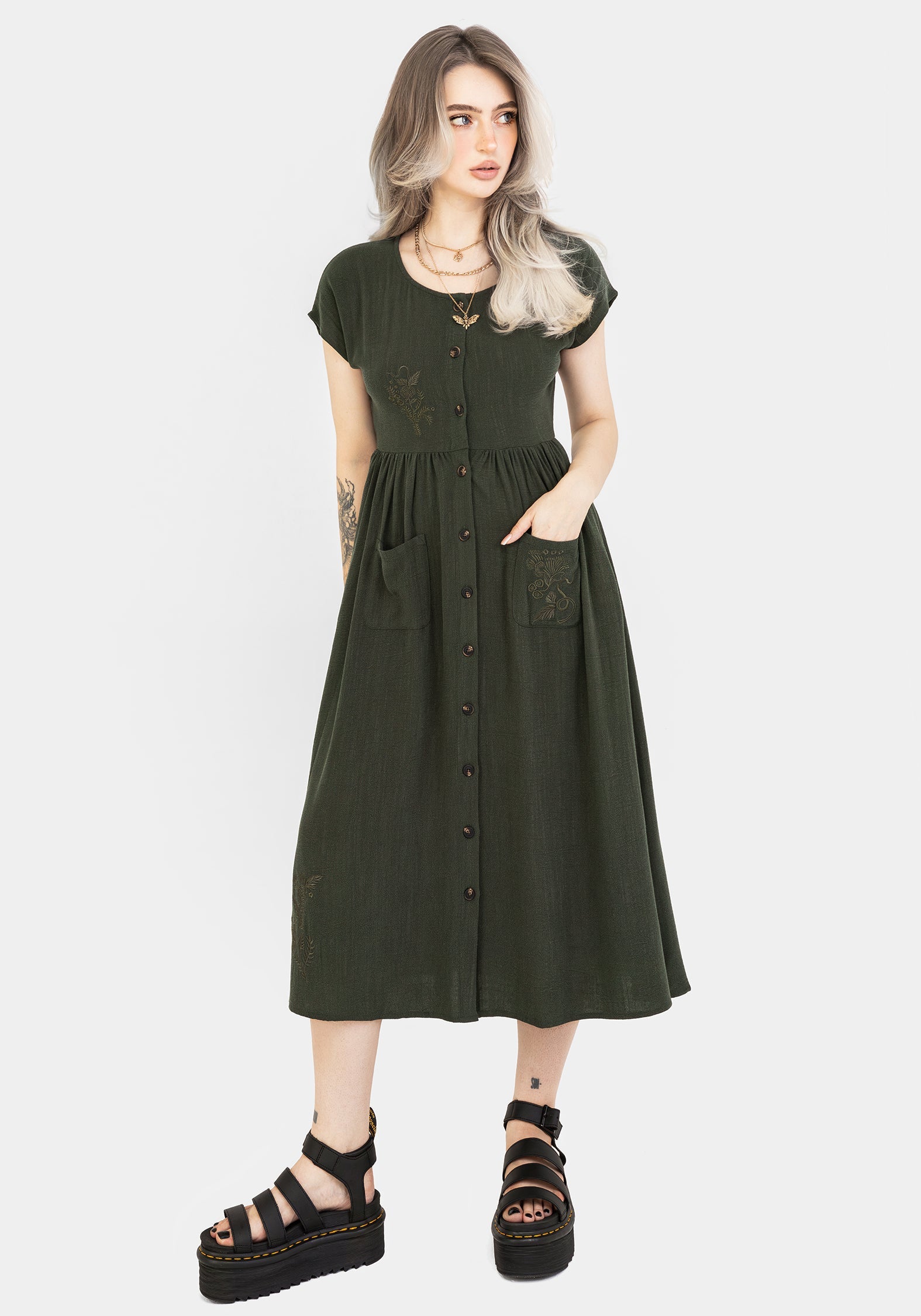 Foliate Leinenmischung Bestickt Knopf Hoch Midi Kleid - Grün