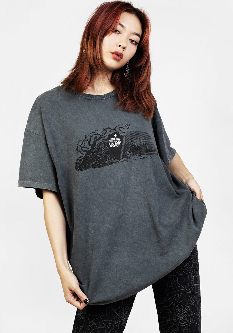Here Lies Grau Säure Waschen Oversize T-Shirt