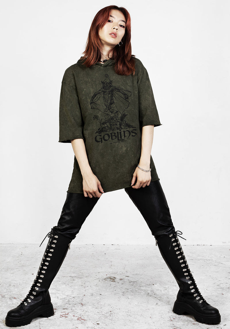 Goblins Grün Säure Waschen Kurz Mit Ärmeln Kapuzensweatshirt