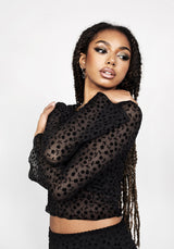 LOVESPELL Beflockt Mesh Lang Ärmel Top