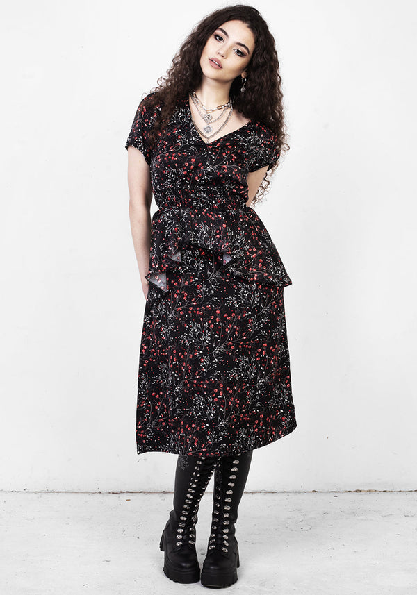 ROSETEARS FRILL PEPLUM MIDI DRESS