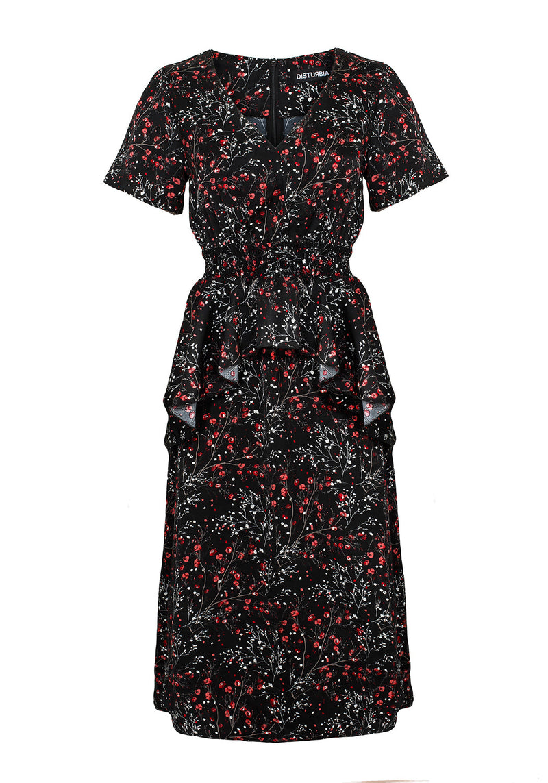ROSETEARS FRILL PEPLUM MIDI DRESS