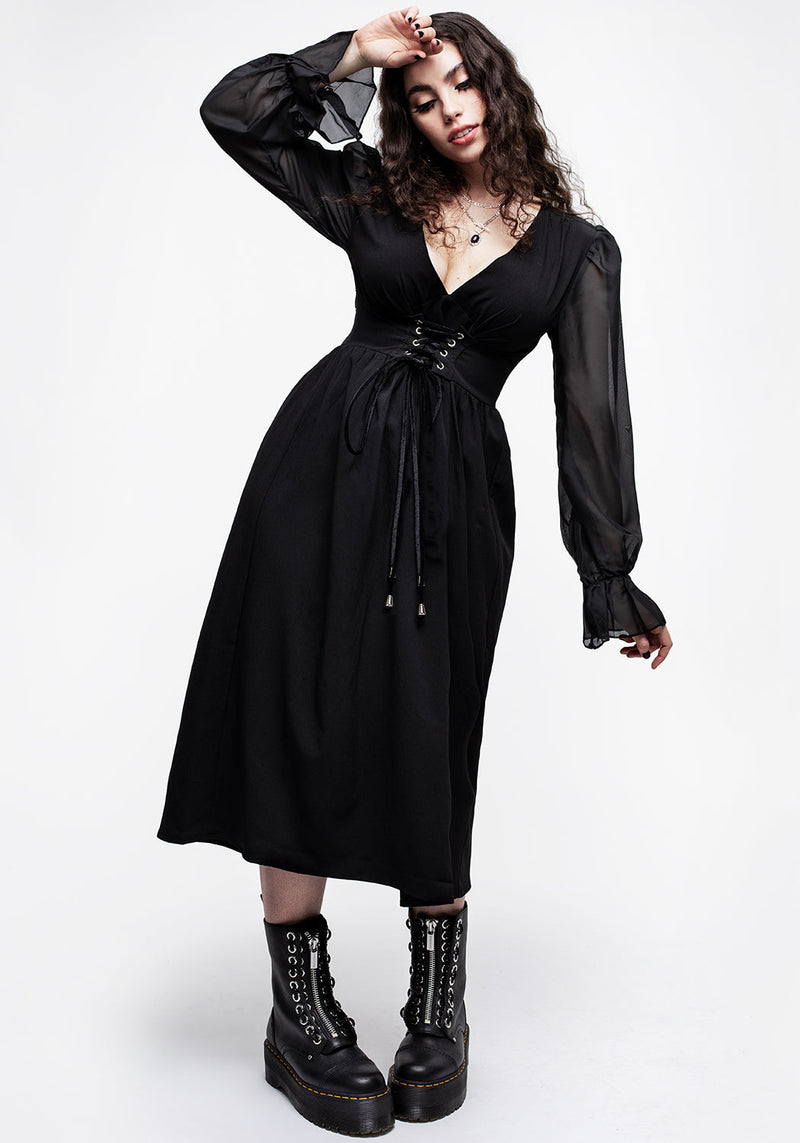 Banished Spitze Hoch Transparent Ärmel Midi Kleid