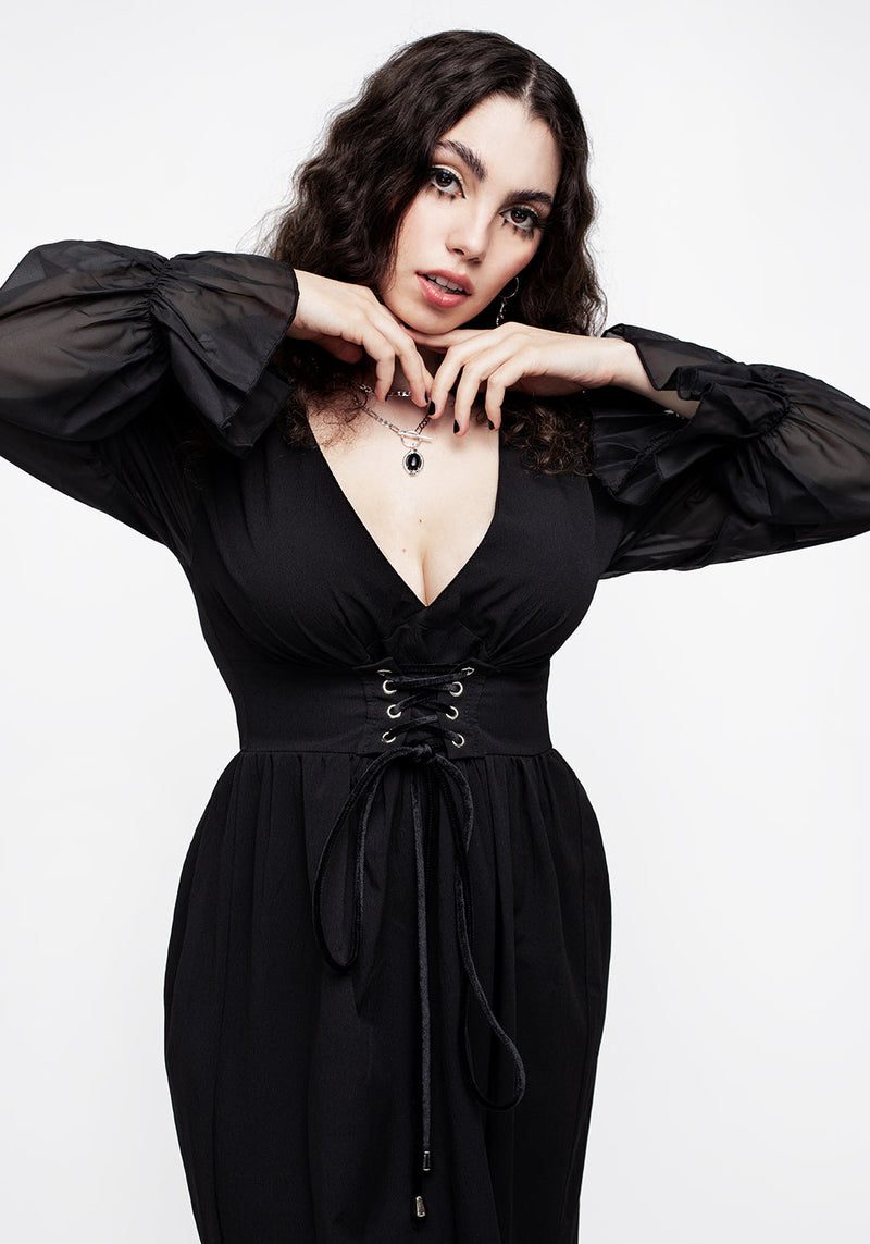 Banished Spitze Hoch Transparent Ärmel Midi Kleid