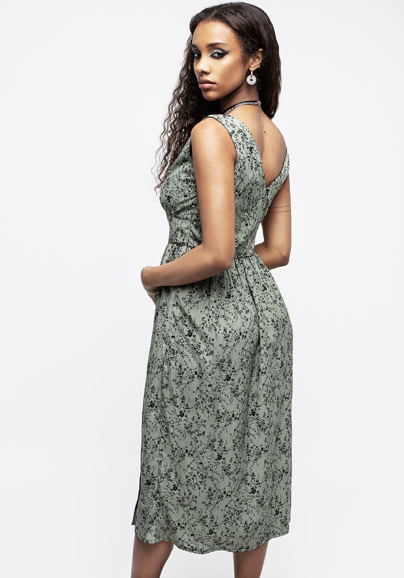 Cassie Grün Blumenmuster Korsett Knopf Midi Geteilt Kleid