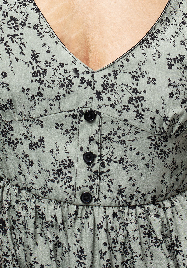 Cassie Grün Blumenmuster Korsett Knopf Midi Geteilt Kleid