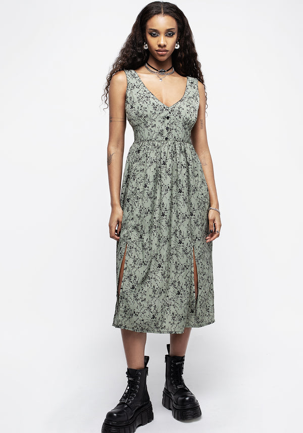 Cassie Grün Blumenmuster Korsett Knopf Midi Geteilt Kleid
