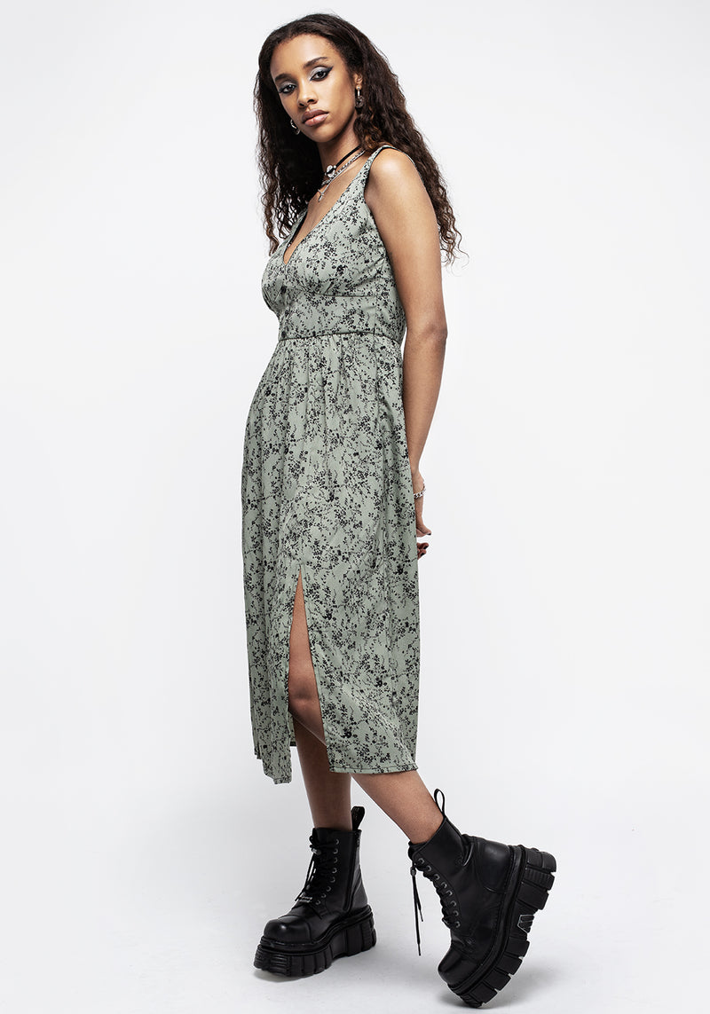 Cassie Grün Blumenmuster Korsett Knopf Midi Geteilt Kleid