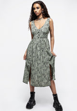 Cassie Grün Blumenmuster Korsett Knopf Midi Geteilt Kleid