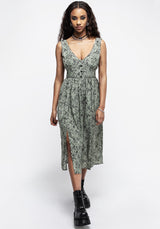 Cassie Grün Blumenmuster Korsett Knopf Midi Geteilt Kleid