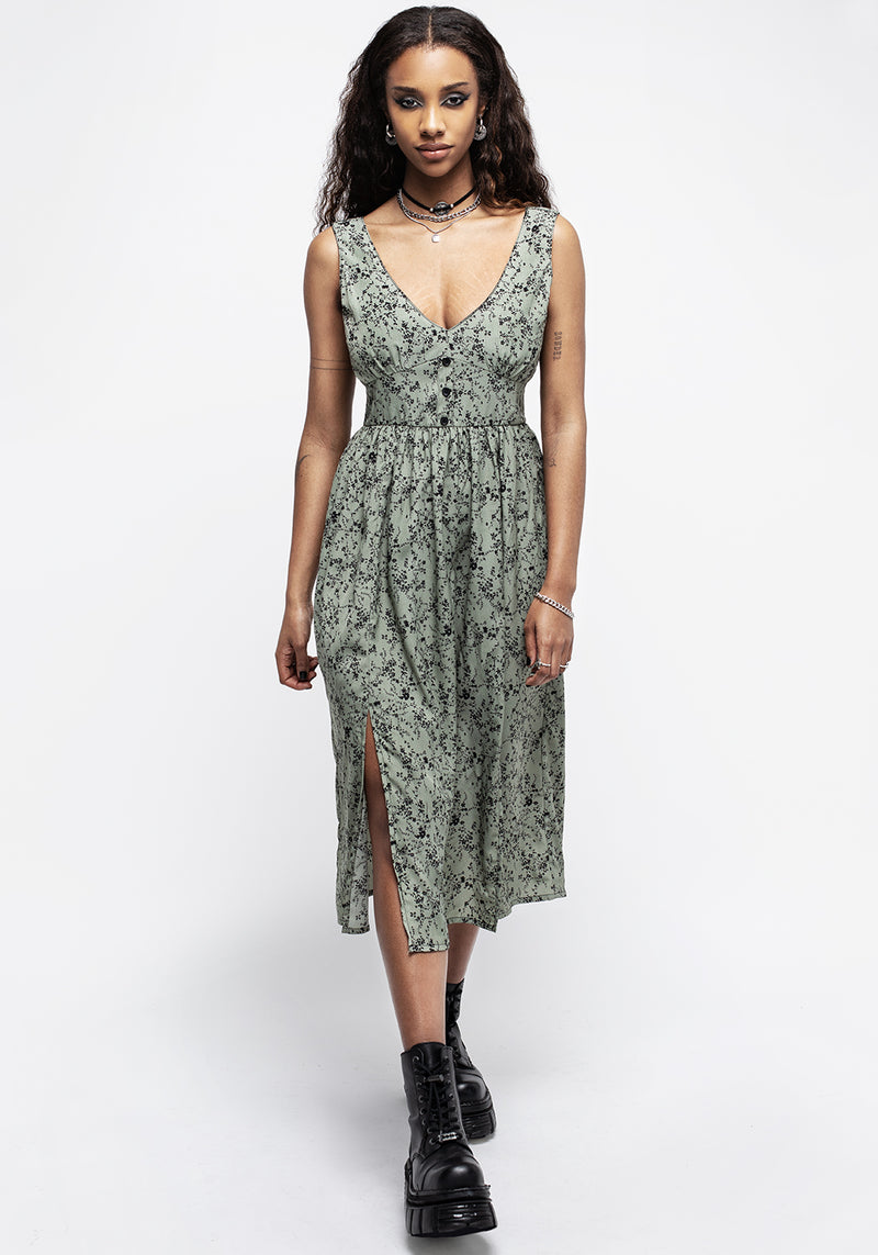 Cassie Grün Blumenmuster Korsett Knopf Midi Geteilt Kleid