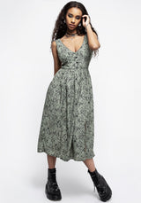 Cassie Grün Blumenmuster Korsett Knopf Midi Geteilt Kleid