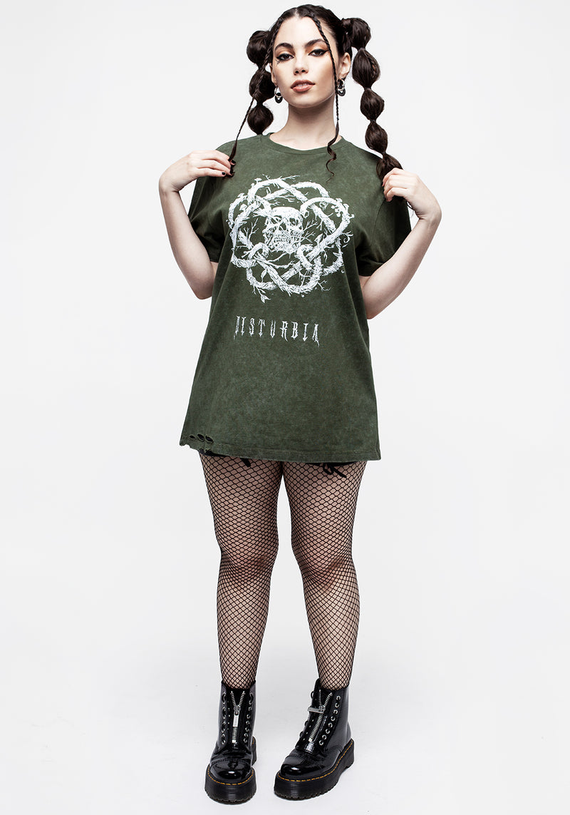 Calavera Grün Säure Waschen Unisex Abgenutzt T-Shirt