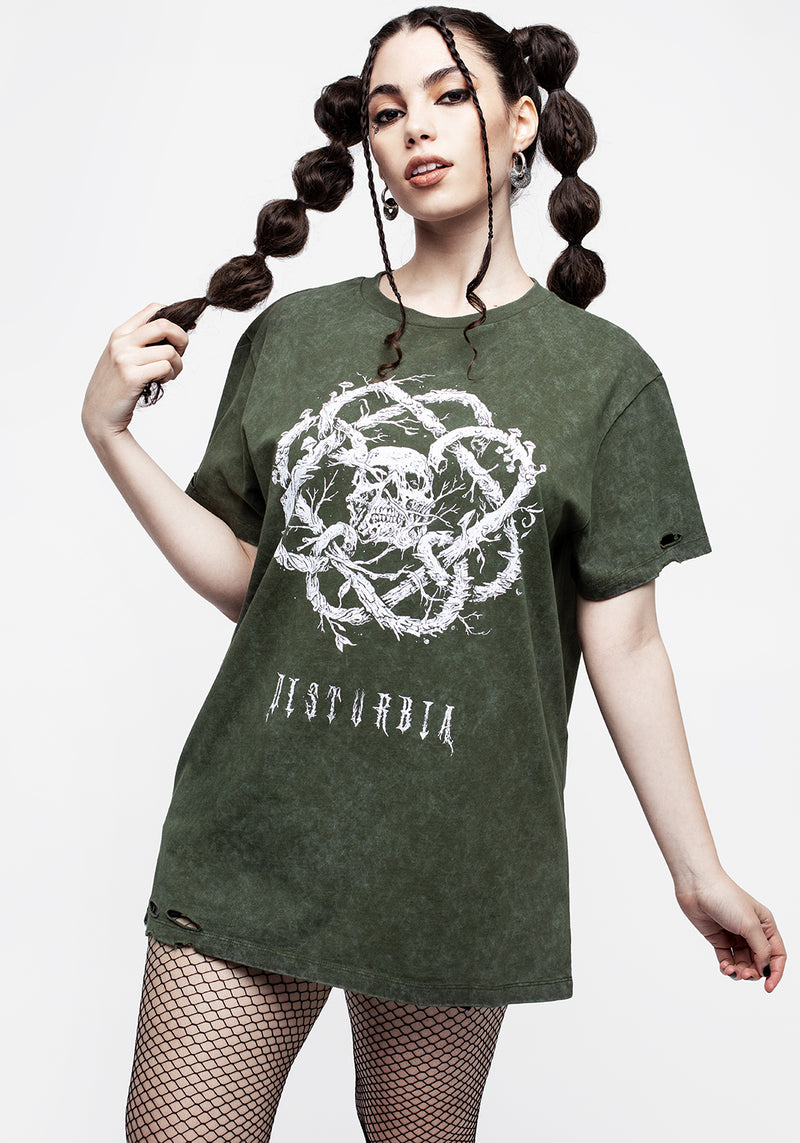 Calavera Grün Säure Waschen Unisex Abgenutzt T-Shirt