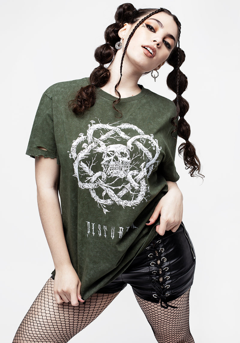 Calavera Grün Säure Waschen Unisex Abgenutzt T-Shirt