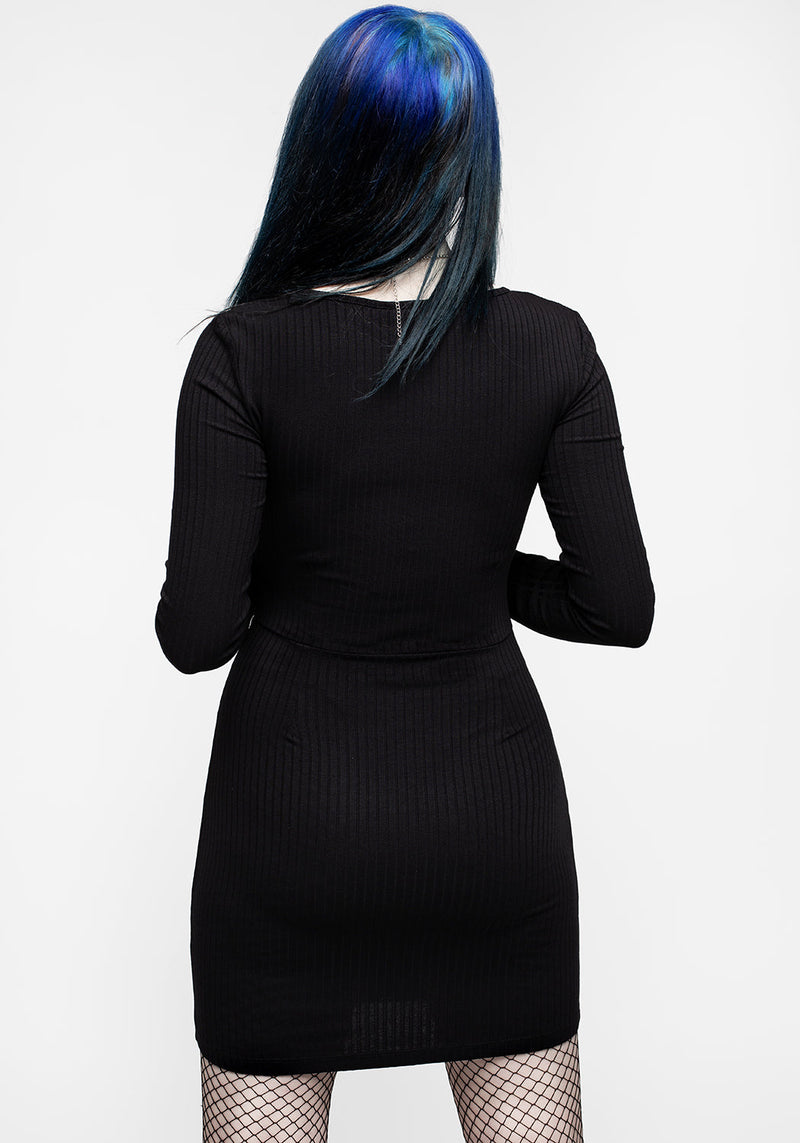 Ebony Plunging Neckline Rippe Körperbetont Mini Kleid