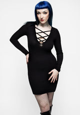 Ebony Plunging Neckline Rippe Körperbetont Mini Kleid