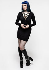 Ebony Plunging Neckline Rippe Körperbetont Mini Kleid
