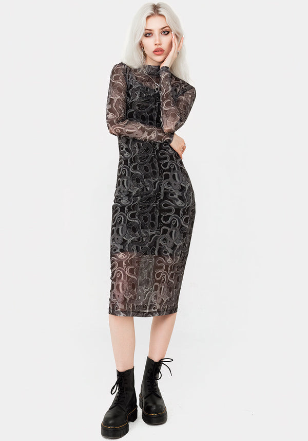 Serpente Druck Mesh Körperbetont Midi Kleid