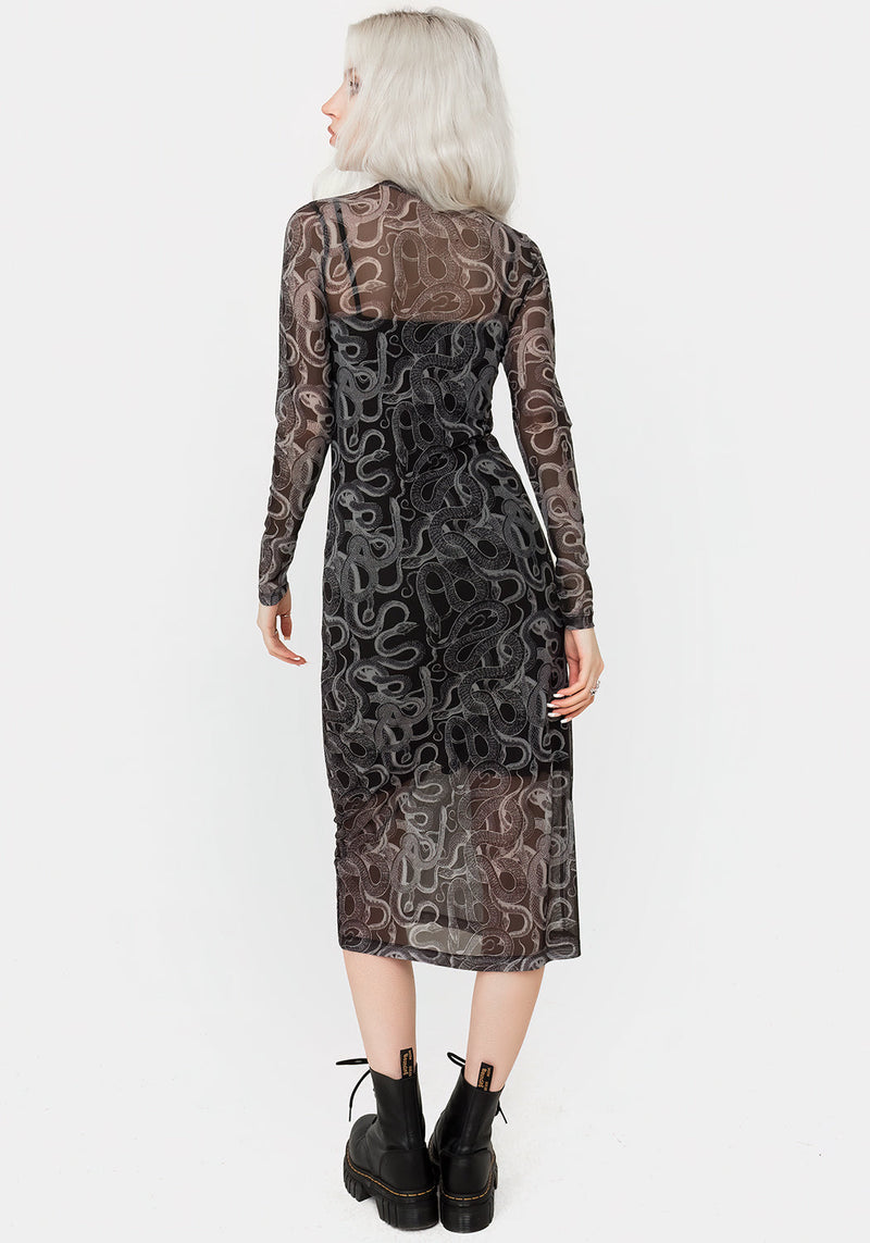 Serpente Druck Mesh Körperbetont Midi Kleid
