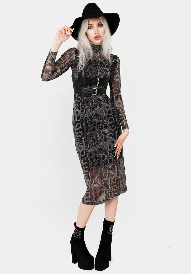 Serpente Druck Mesh Körperbetont Midi Kleid